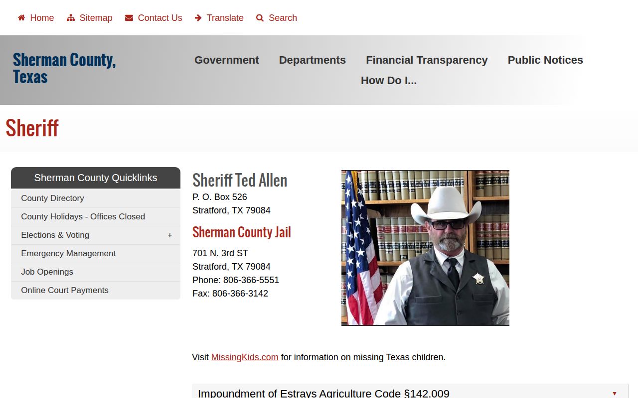Sherman County Jail booking-record contact page